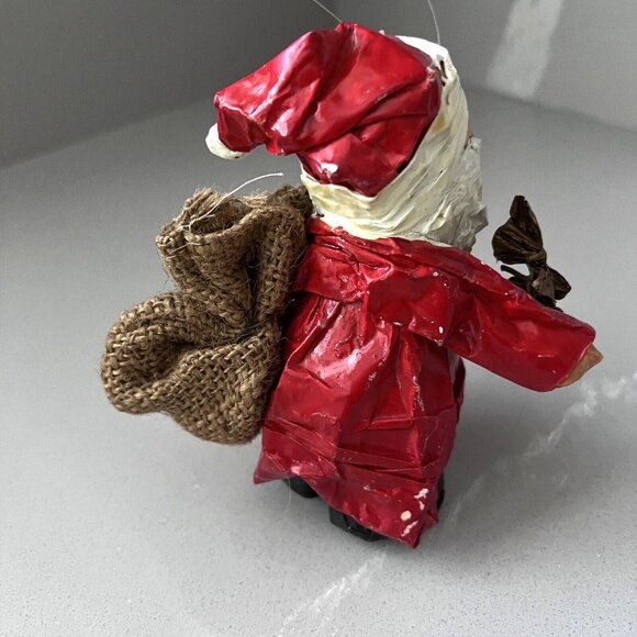 Vintage Paper-mache Santa Figurine Ornament Hand Painted With Burlap Sack - Picture 2 of 4